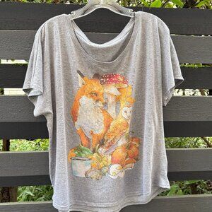 Fox Owl Mushroom Pumpkin Graphic T-Shirt Plus Size Gray Slightly Cropped